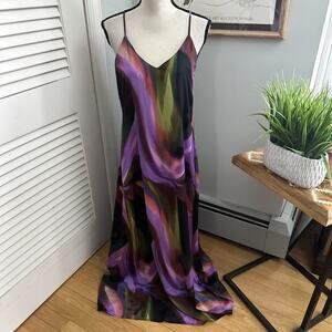 Nicole Miller Slip Dress Small Colorful Maxi Strappy Edgy Artsy Indie Sleaze